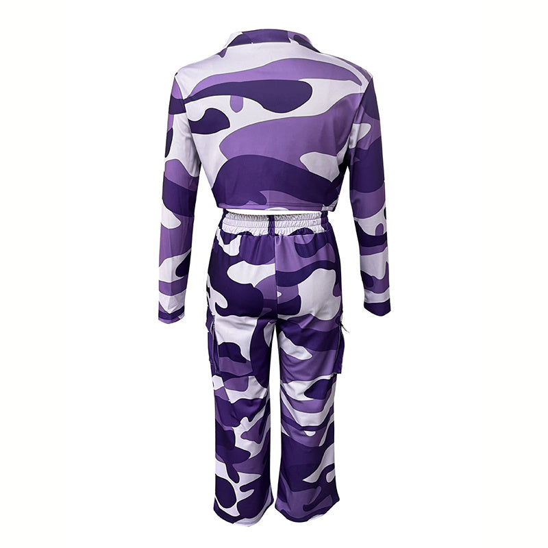 Camo Canvas: V-Neck Crop Top & Drawstring Cargo Pants 2-Piece Set for Edgy Seasons
