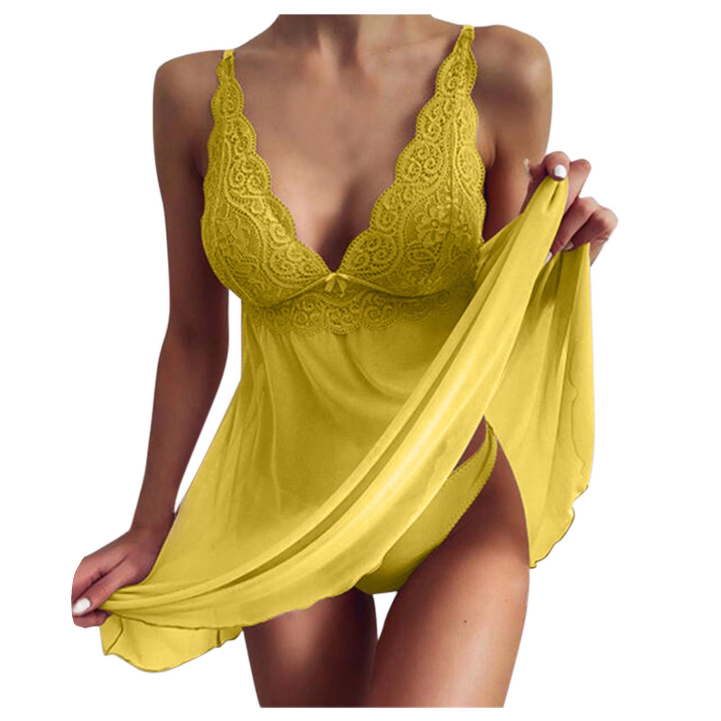 Yellow lace nightgown held by a person on a white background