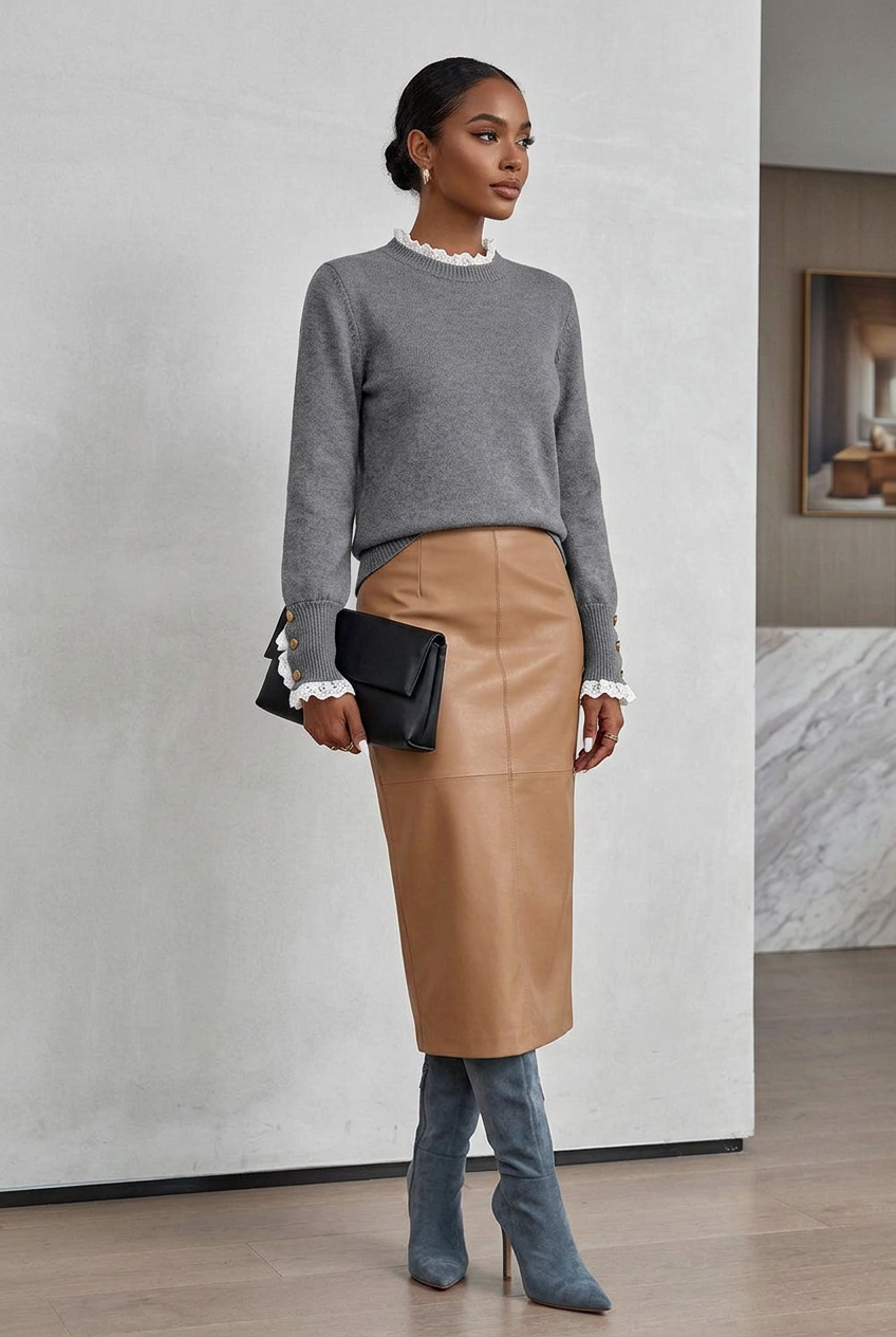 A woman models a gray Women's Lace Trim Buttoned Cuff Sweater with white lace trim, a tan leather pencil skirt, blue-gray heeled boots, and a black clutch bag.