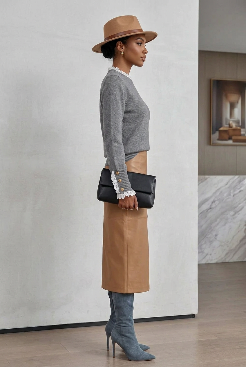 A woman stands in profile wearing a tan fedora hat, gray Women's Lace Trim Buttoned Cuff Sweater with white lace-trim , tan skirt,  black clutch, and blue-gray heeled boots.