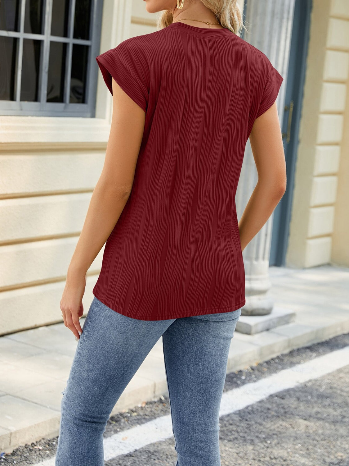 Back view of Women's Wine Textured Round Neck Cap Sleeve T-Shirt