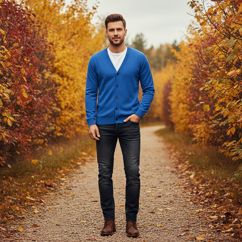 Male model wearing a blue Men's Classic V-Neck Button Knit Cardigan