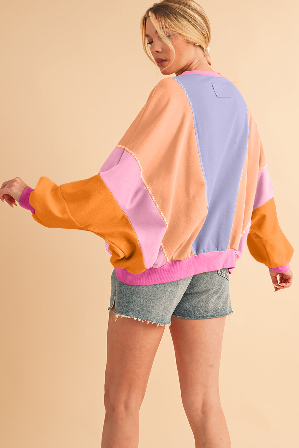 Back view of a model wearing a colorful, patchwork-style sweatshirt on a beige background