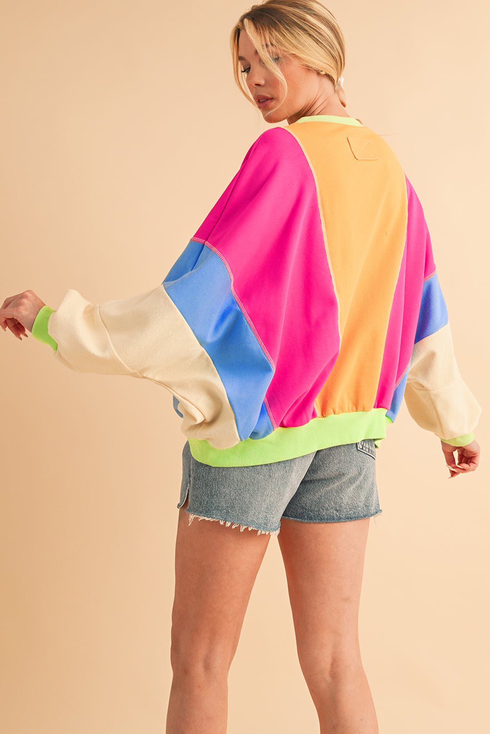 Back view of a model in a colorful oversized sweatshirt, showcasing the unique colorblock design and relaxed fit