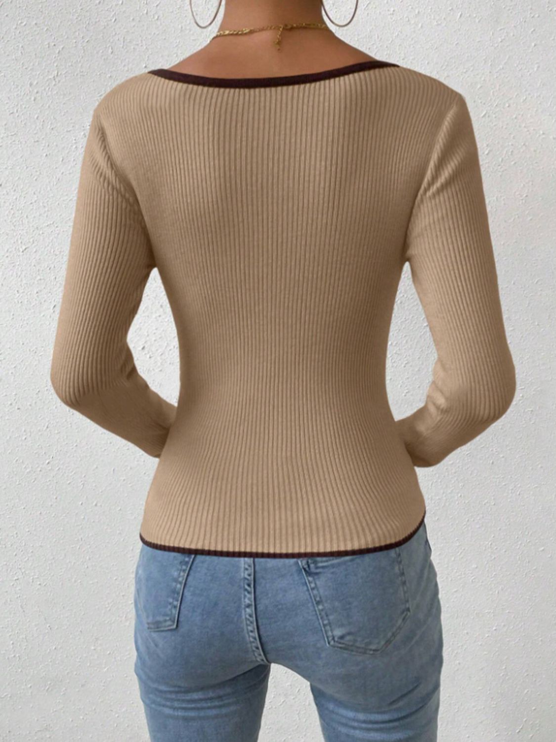Back view of a Model wearing a Tan Chic Casual Trim Contrast Collar Long Sleeve Knit Top 