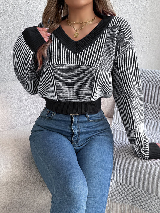 Black patchwork stripe V‑neck cropped sweater, front view — BUhmayzing