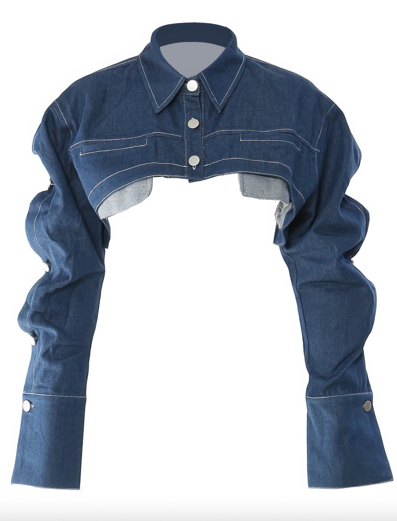 Blue denim jacket with white buttons on a white background