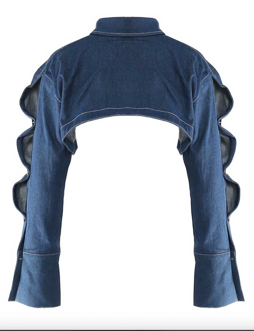 Blue denim jacket with unique shoulder designs on a white background