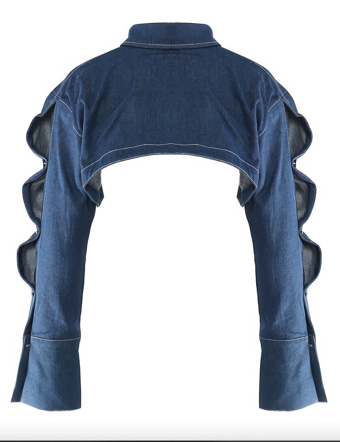 Blue denim jacket with unique shoulder designs on a white background