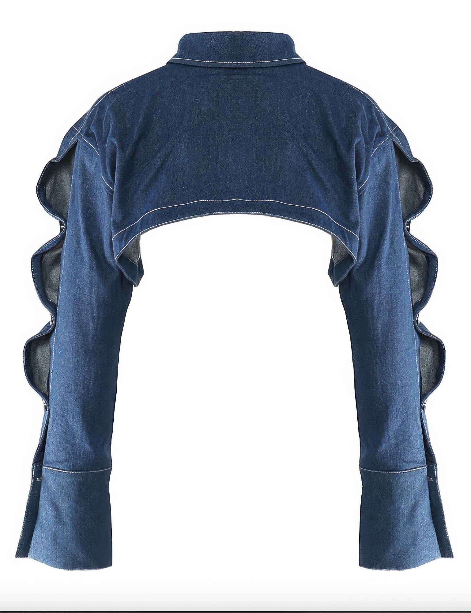 Blue denim jacket with unique shoulder designs on a white background