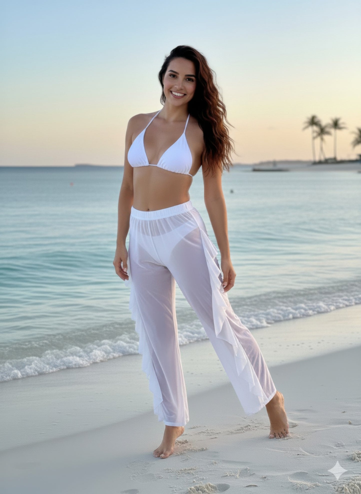 Woman in a white bikini and cover-up standing on a beach with palm trees in the background. Front view