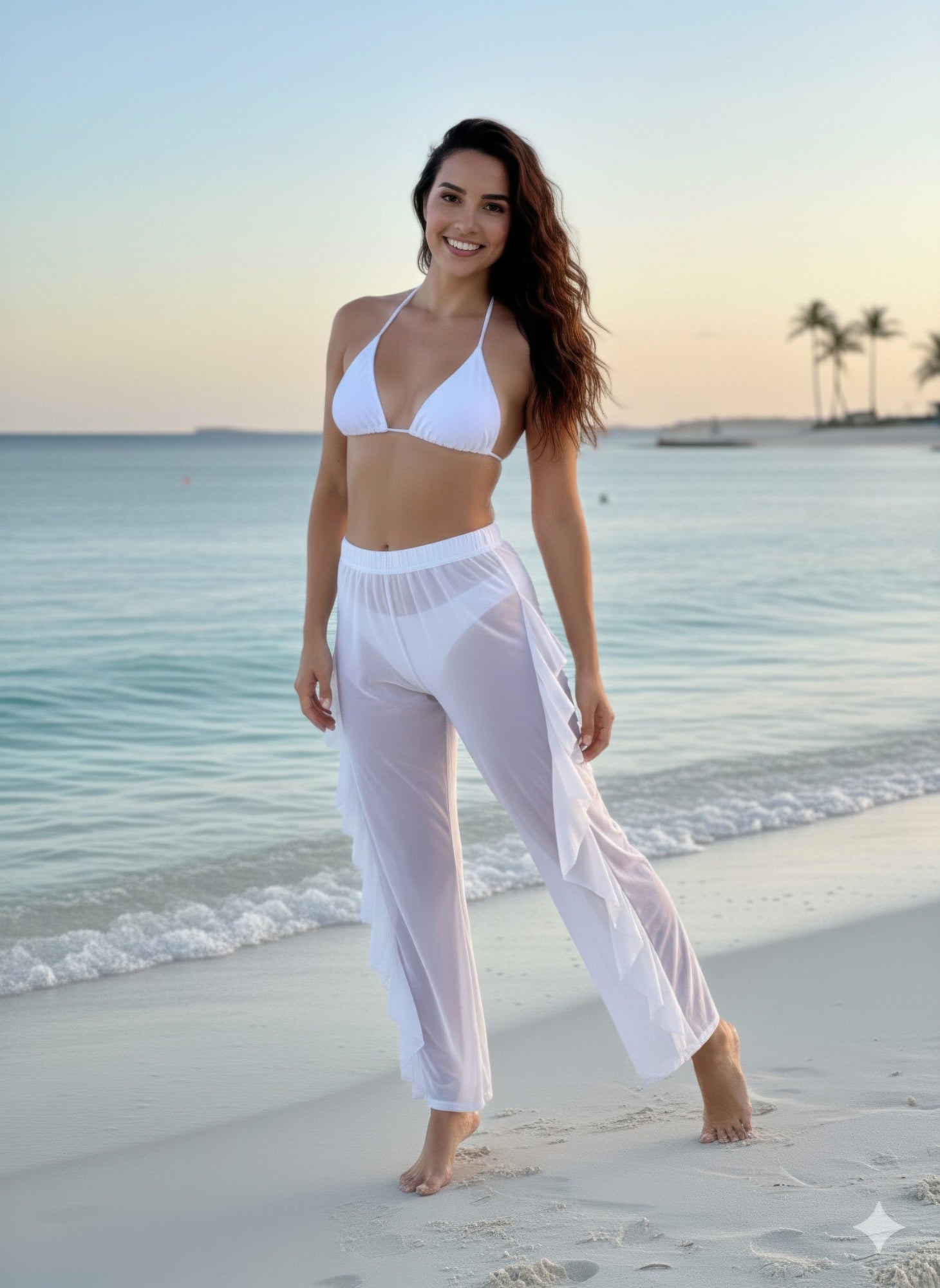 Woman in a white bikini and cover-up standing on a beach with palm trees in the background. Front view