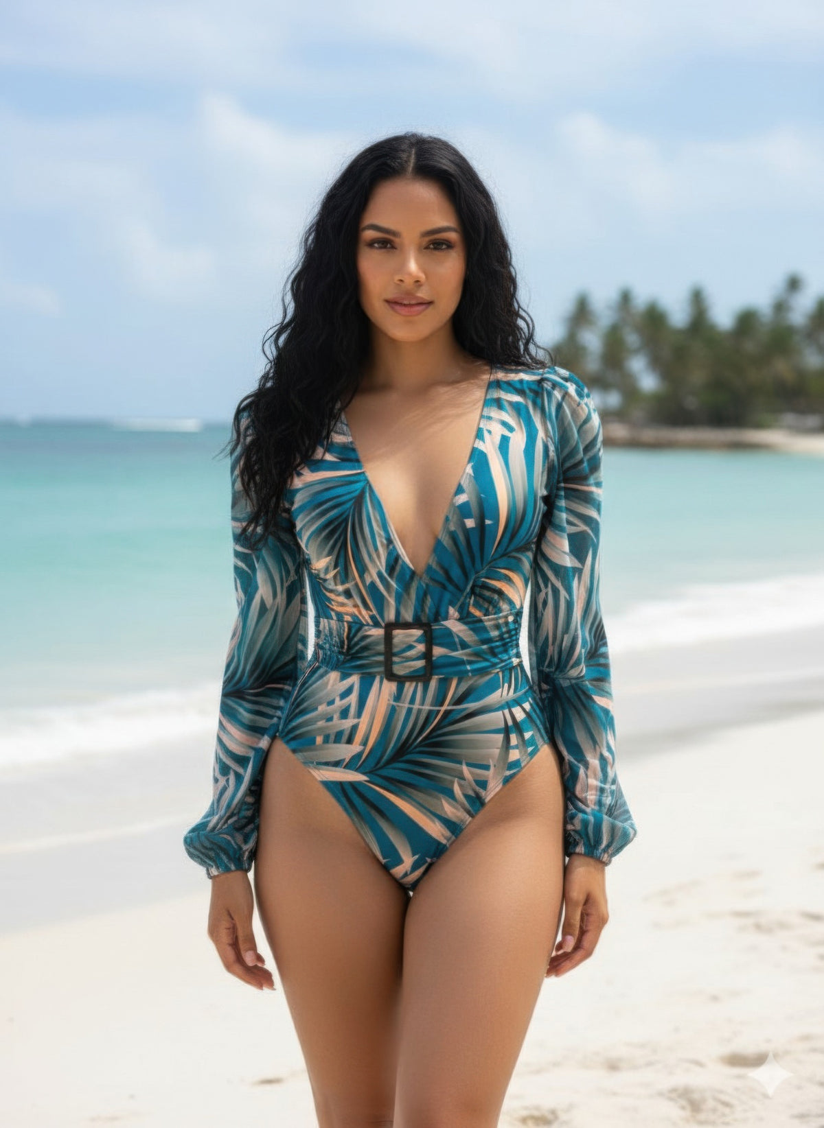 Woman wearing a blue and green leaf-patterned swimsuit on a beach. Front view