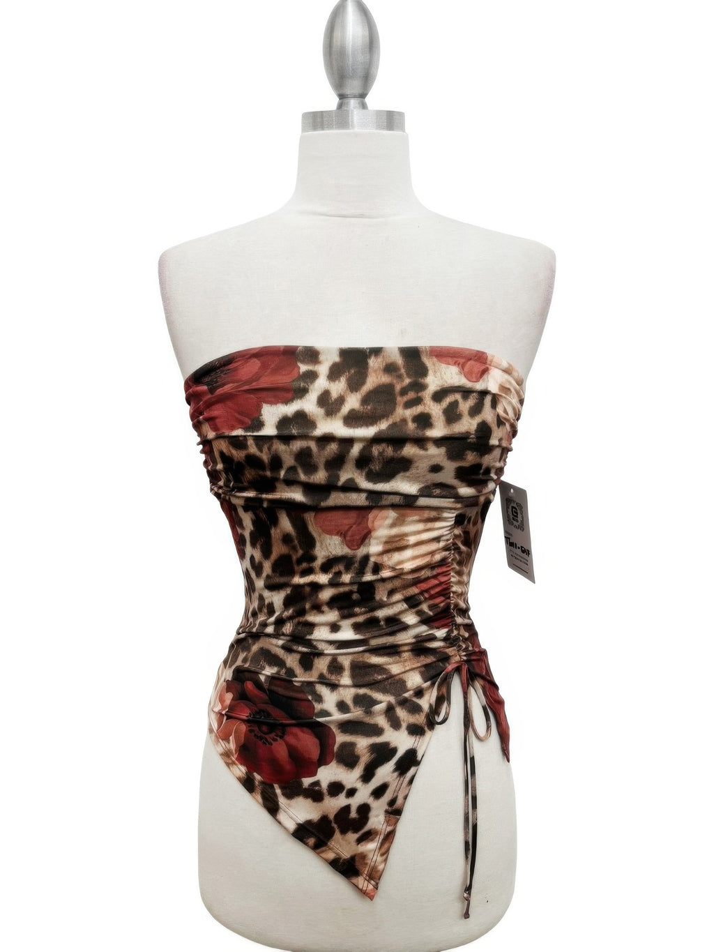 Leopard print and floral strapless top on a mannequin against a white background