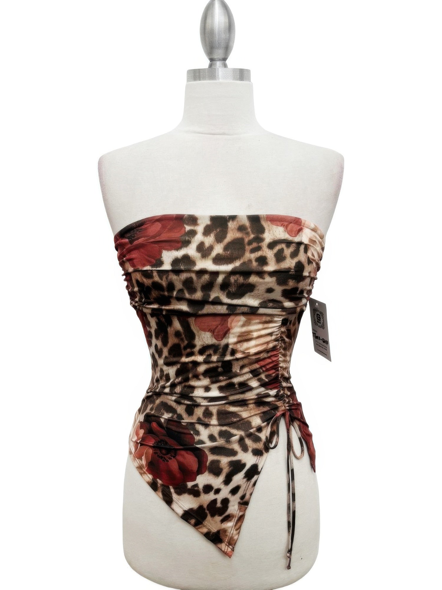 Leopard print and floral strapless top on a mannequin against a white background