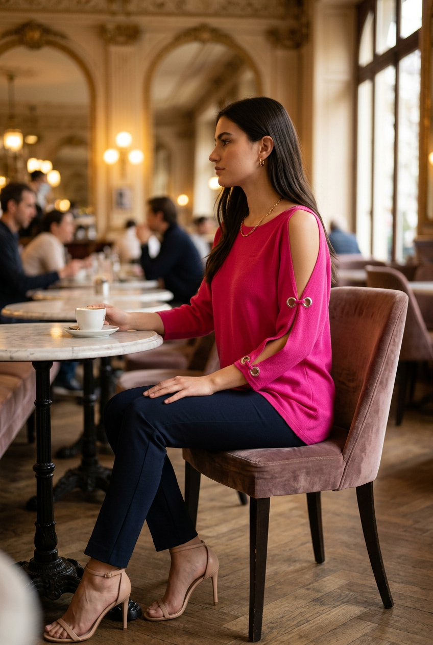 A woman wearing a vibrant hot pink Cable & Gauge Pullover Sweater with decorative eyelet details, paired with navy blue trousers and beige high-heeled sandals.