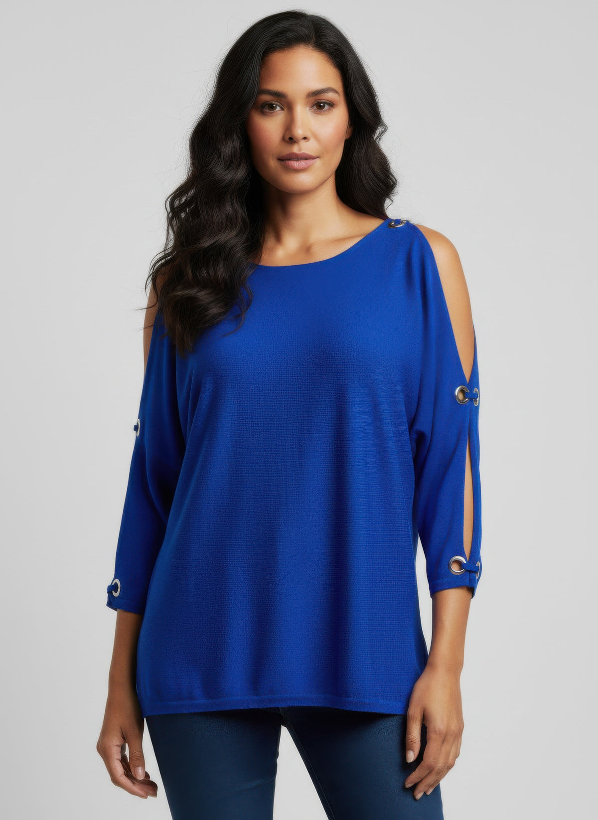 Woman wearing a blue Cable & Gauge Pullover Sweater