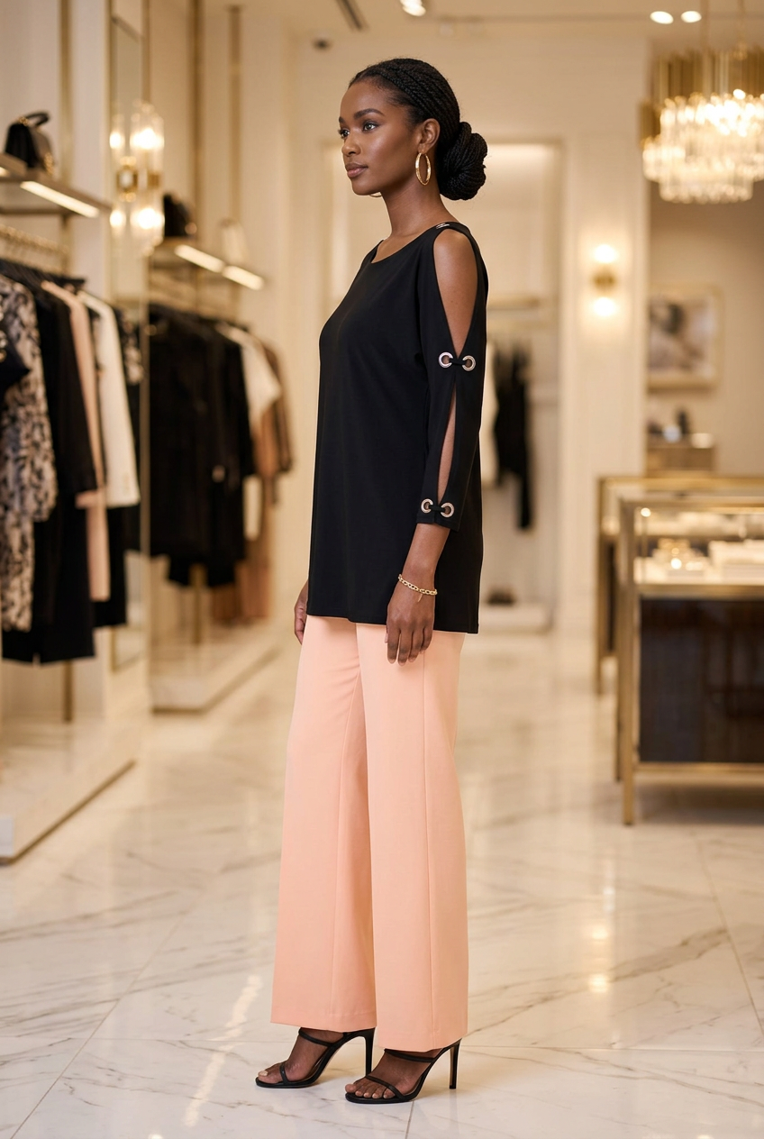A woman models a black Cable & Gauge Pullover Sweater with decorative gold open eyelet buttons on the side and light peach wide-leg pants. Side view