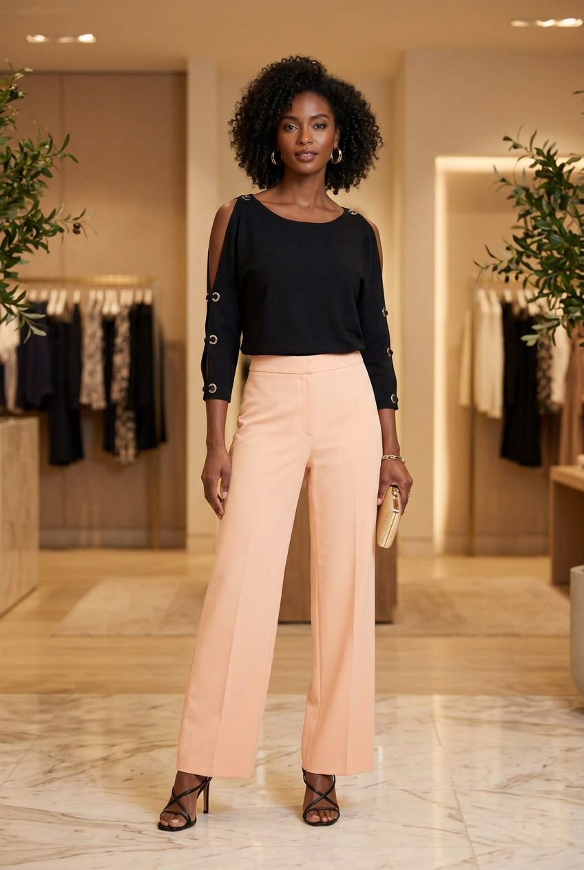 A woman wearing a black Cable & Gauge Pullover Sweater with silver eyelet details and light peach wide-leg pants, holding a small beige clutch.