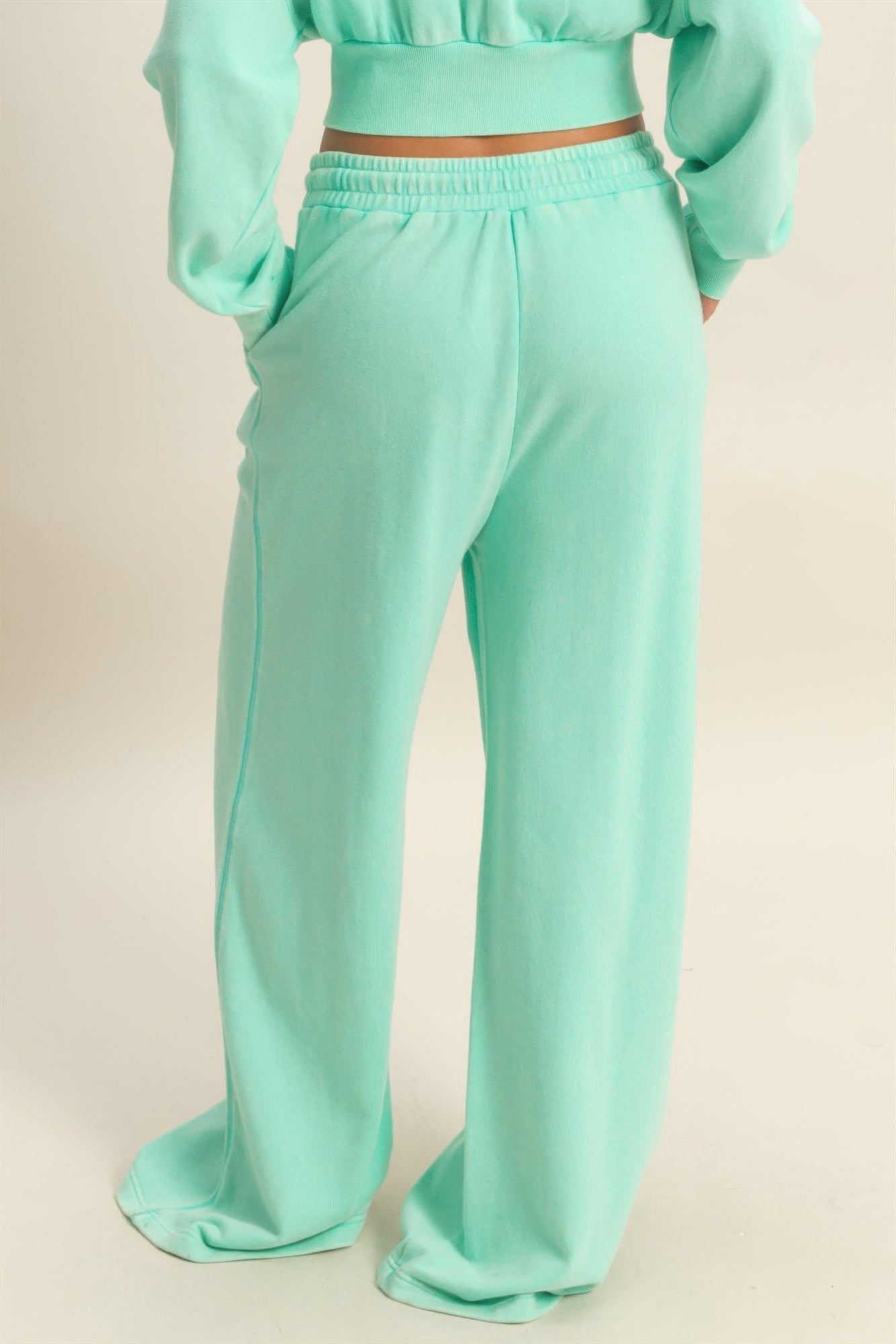 Mint green jogger pants with wide-leg back view