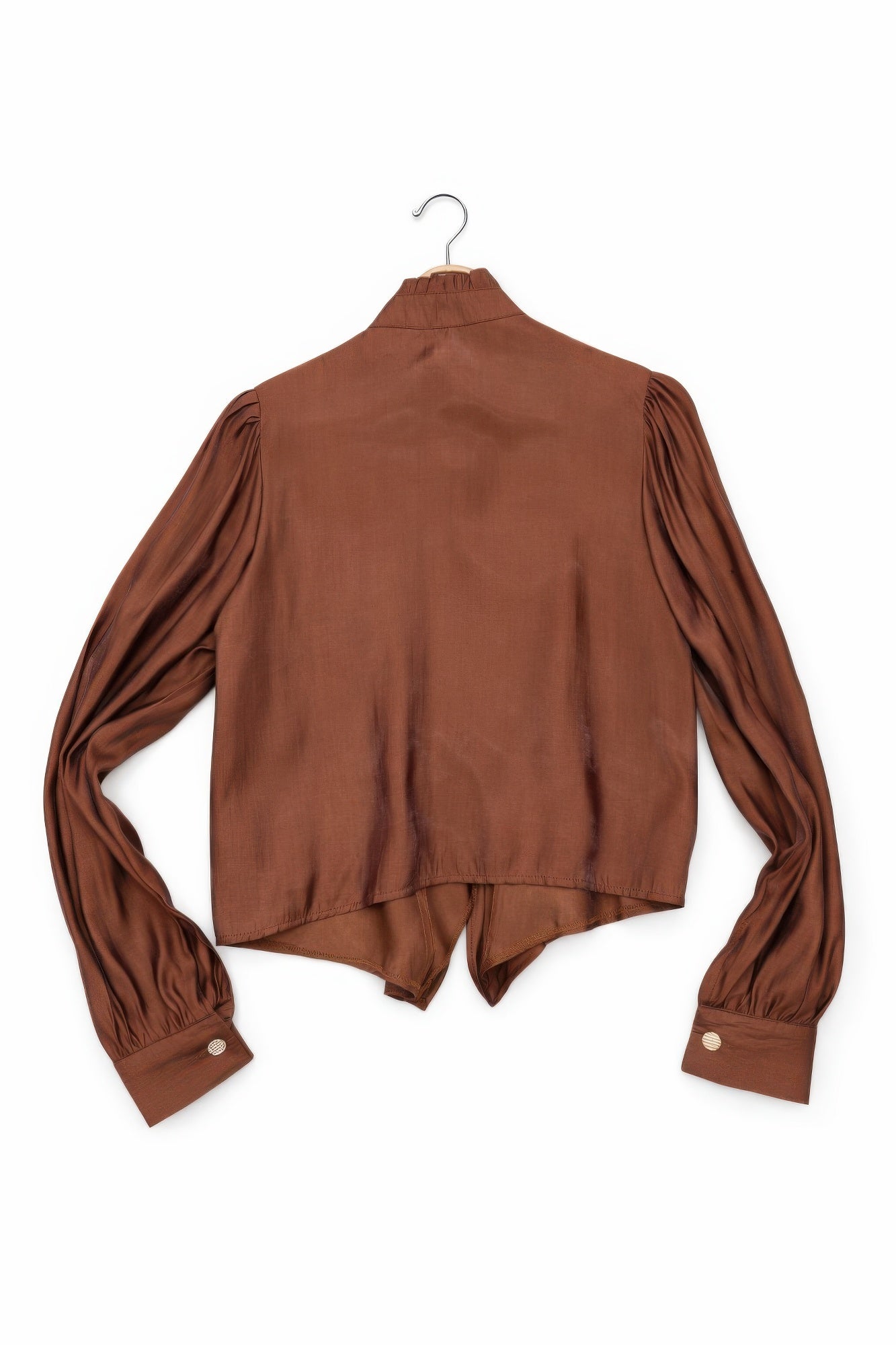 Brown Victorian blouse on a hanger back view