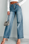 Chic Dusk Blue Multi Button Waist Wash Straight Leg Lady’s Jeans front view