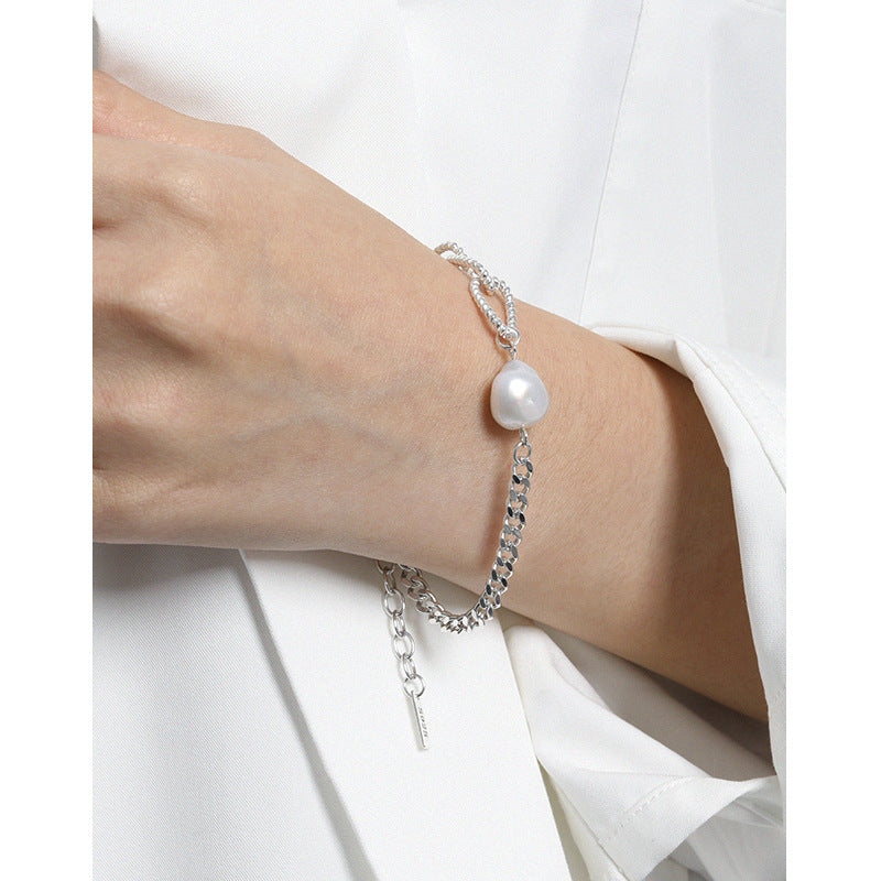 Model wearing Natural Pearl Chain Baroque 925 Sterling Silver Bracelet closeup