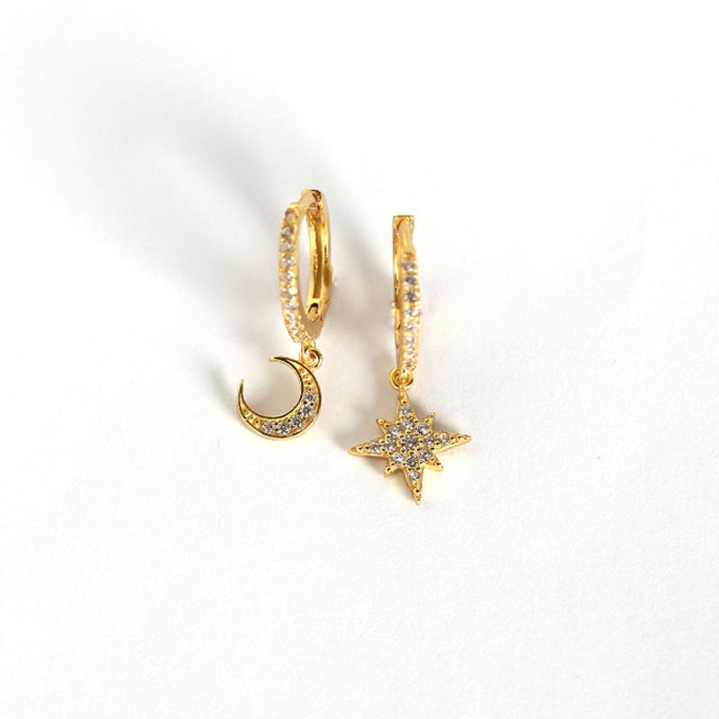 Cubic Zirconia Star & Crescent Moon 925 Sterling Silver gold plated Earrings