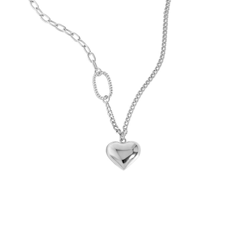 Asymmetry Curb Chain Heart 925 Sterling Silver Necklace