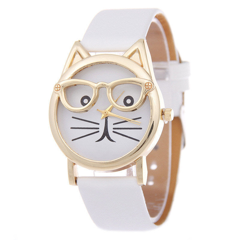 Women's Quartz Cat Cartoon Watch With Glasses