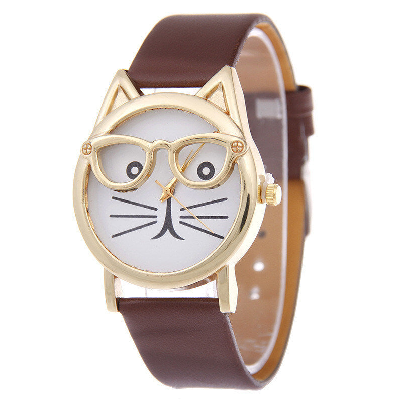 Women's Quartz Cat Cartoon Watch With Glasses