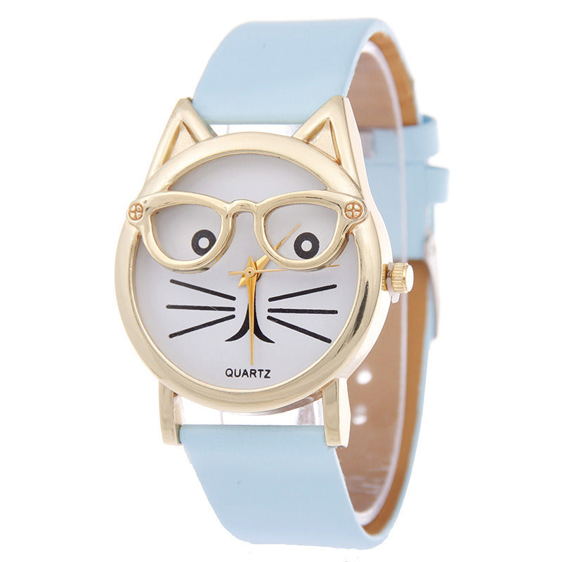 Women's Quartz Cat Cartoon Watch With Glasses