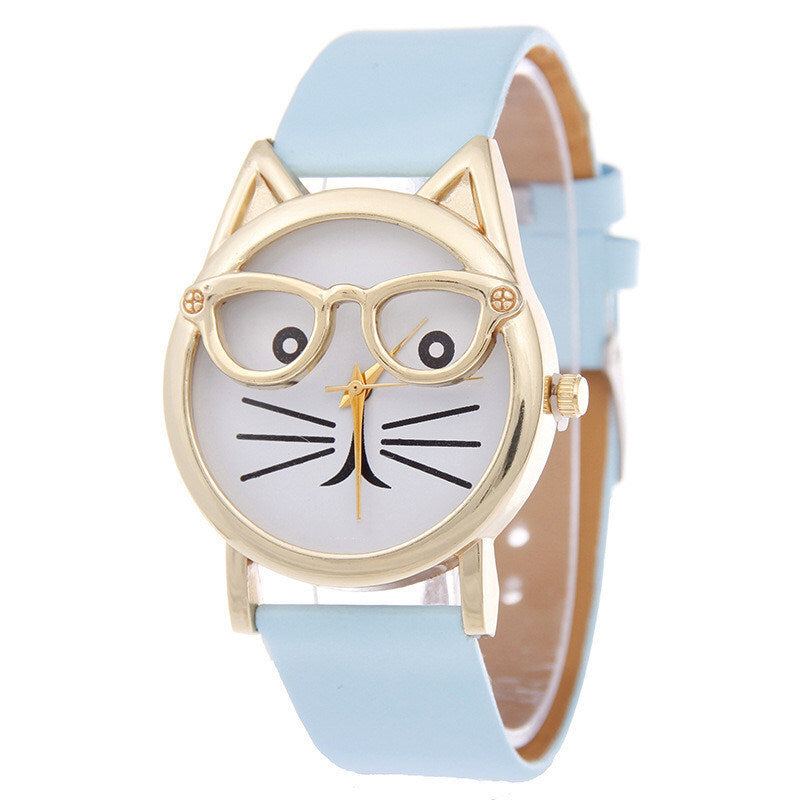 Women's Quartz Cat Cartoon Watch With Glasses