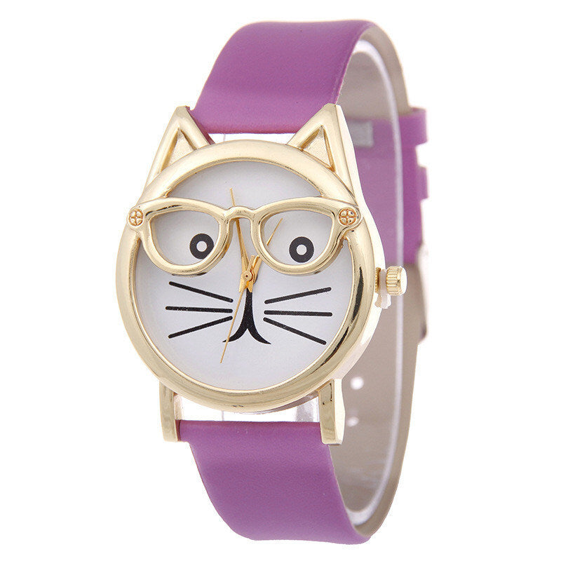 Women's Quartz Cat Cartoon Watch With Glasses