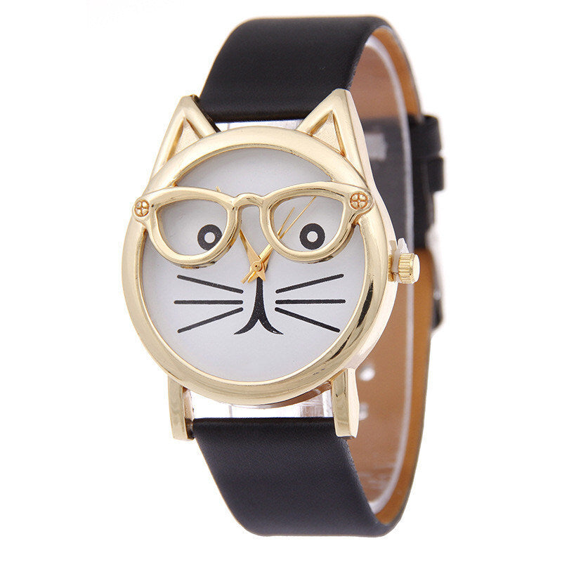 Women's Quartz Cat Cartoon Watch With Glasses