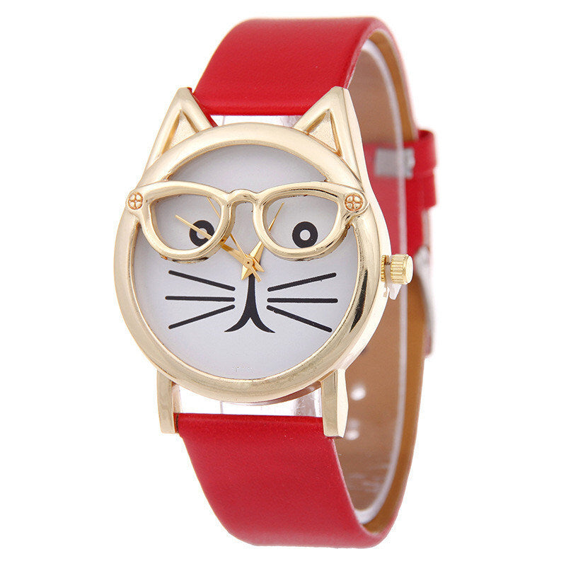 Women's Quartz Cat Cartoon Watch With Glasses