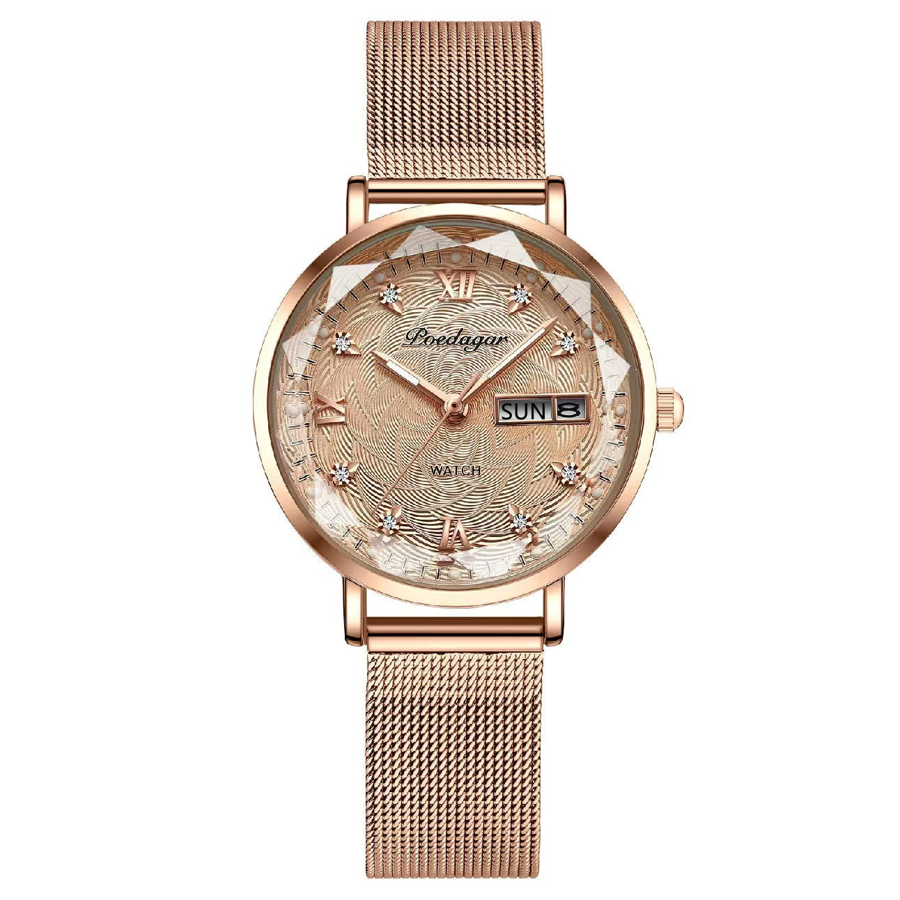 POEDAGAR Women's Mesh Rose Gold Luminous Watch