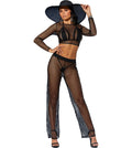 Model wearing Elegant Moments Sheer Crochet Beach Cover Pants with hat