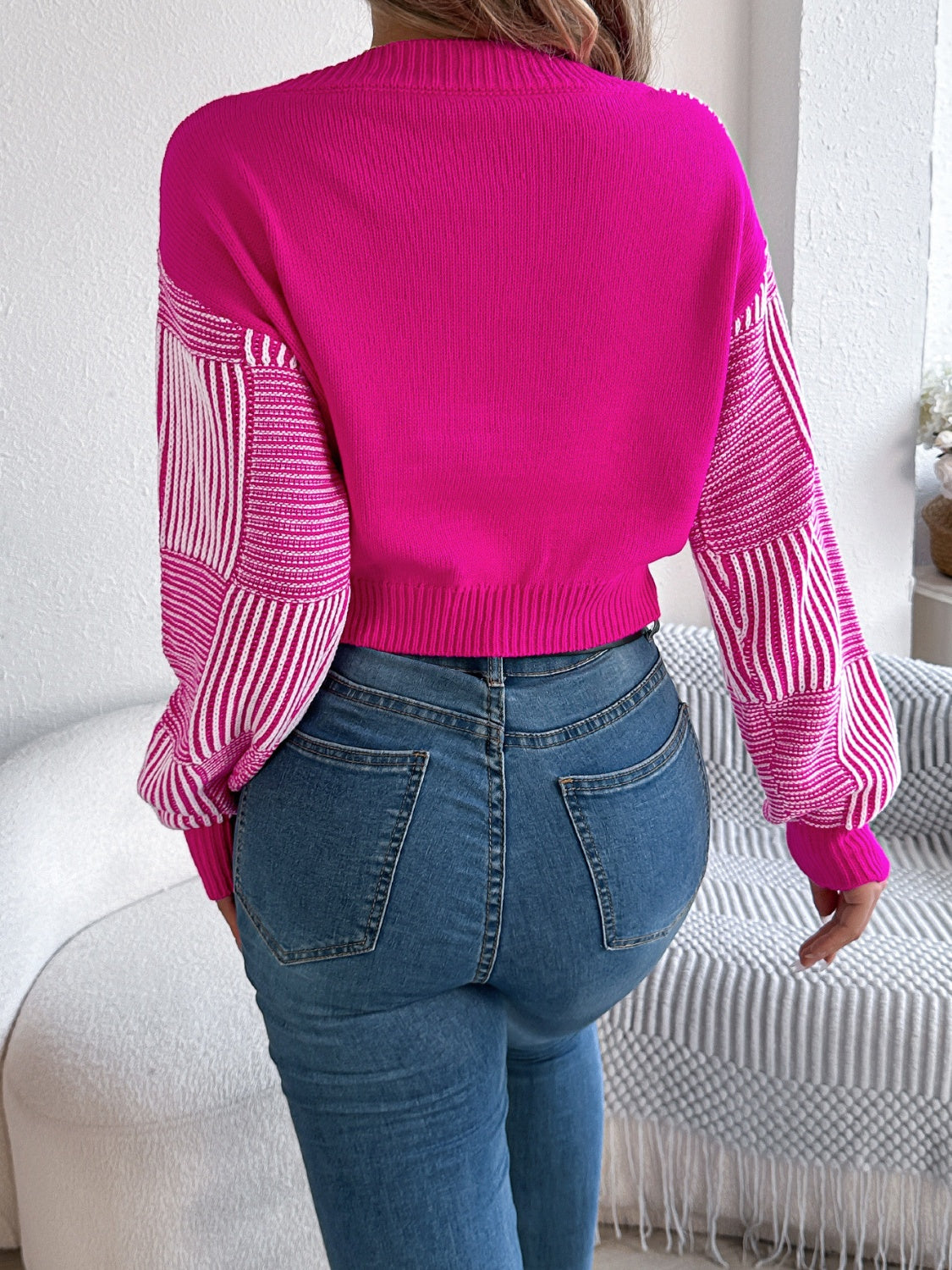 Fuchsia patchwork stripe V‑neck cropped sweater, back view — BUhmayzing
