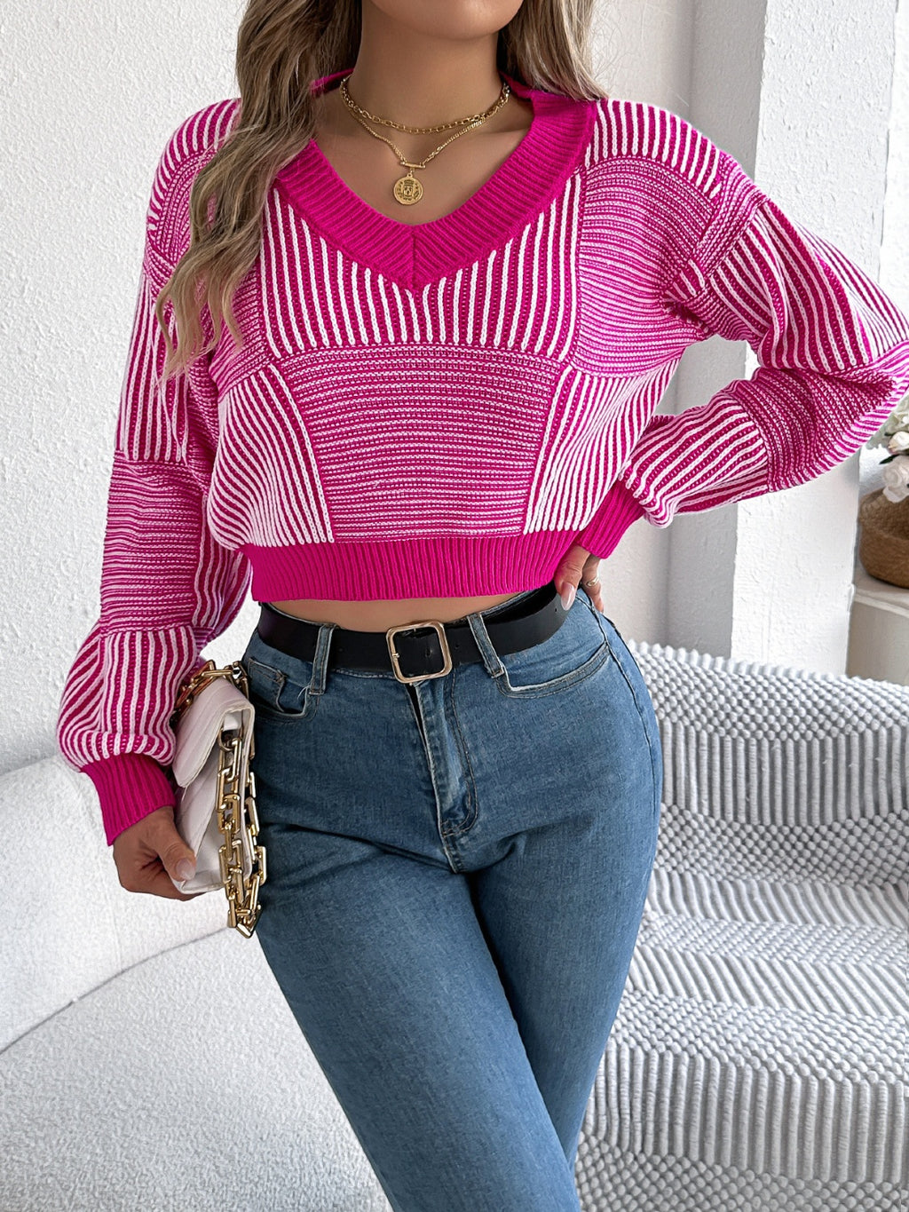 Fuchsia patchwork stripe V‑neck cropped sweater, front view — BUhmayzing