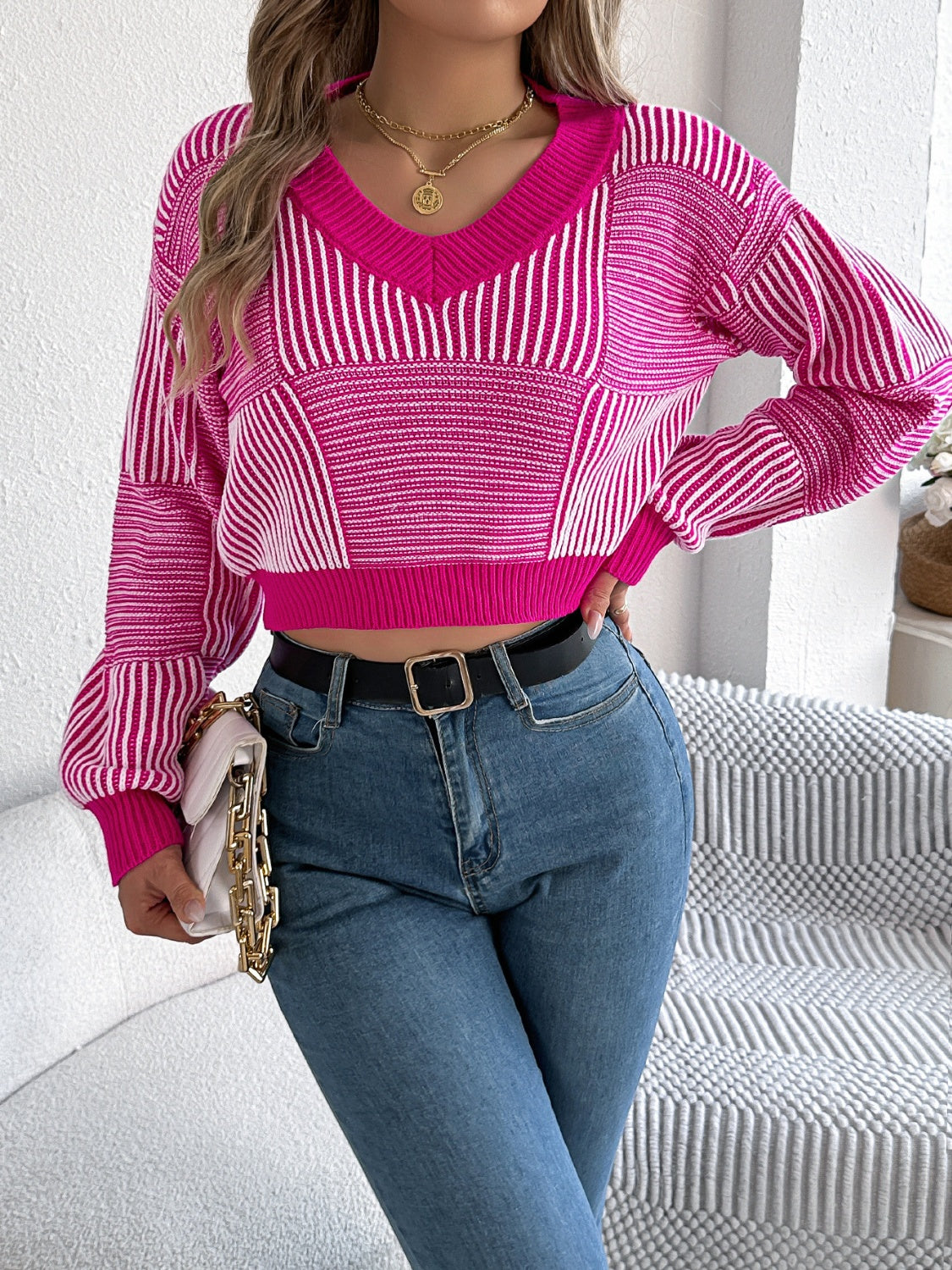 Fuchsia patchwork stripe V‑neck cropped sweater, front view — BUhmayzing