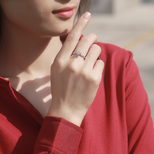 Model wearing 925 Sterling Silver Six Claw Round Moissanite CZ Ring