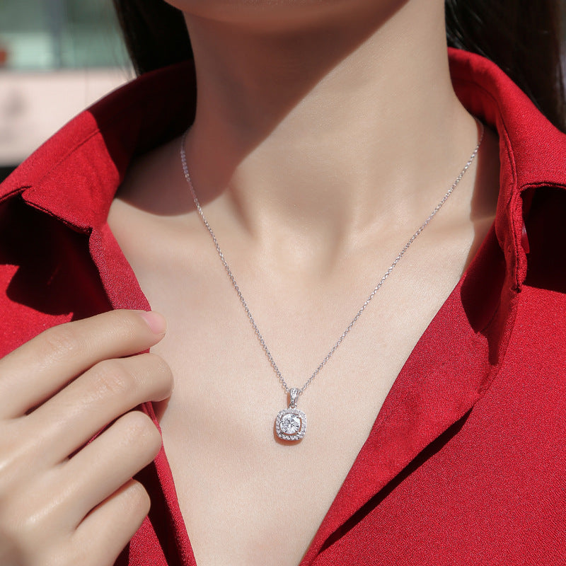 Model wearing 925 Sterling Silver Moissanite CZ Square Necklace