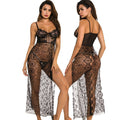 Two views of a woman wearing a black lace lingerie set on a white background