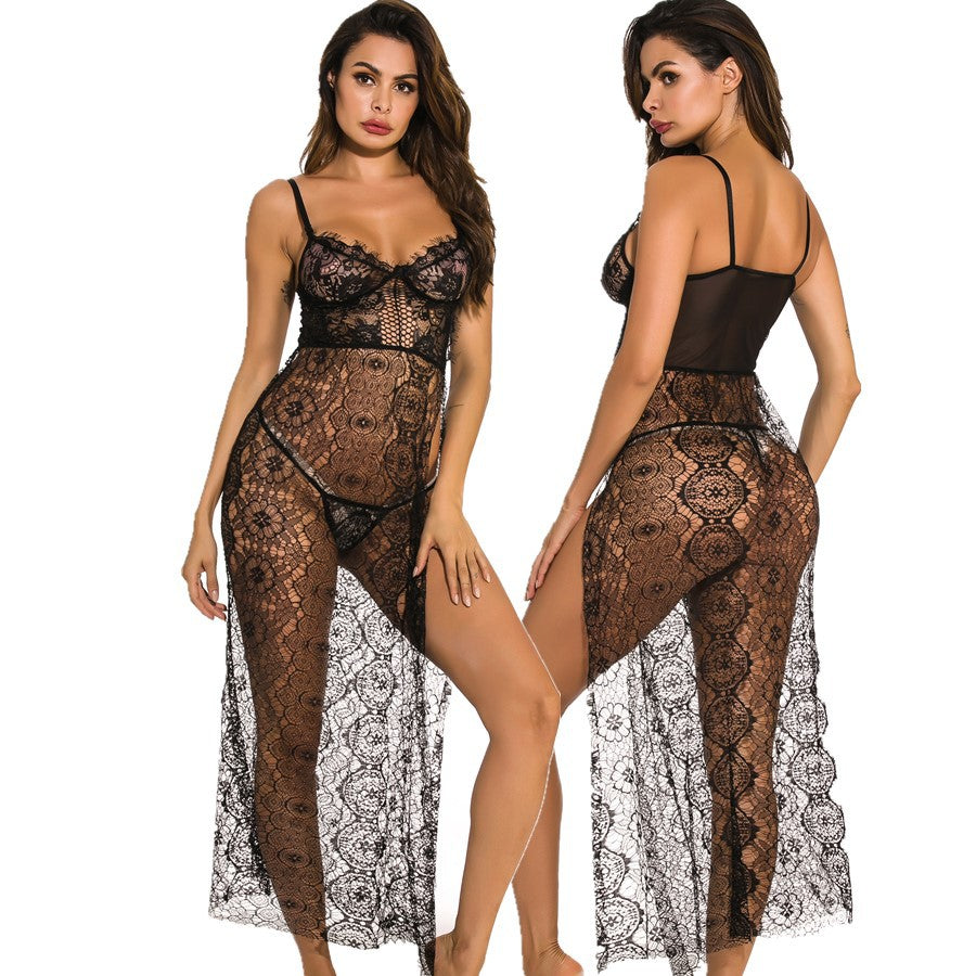 Two views of a woman wearing a black lace lingerie set on a white background