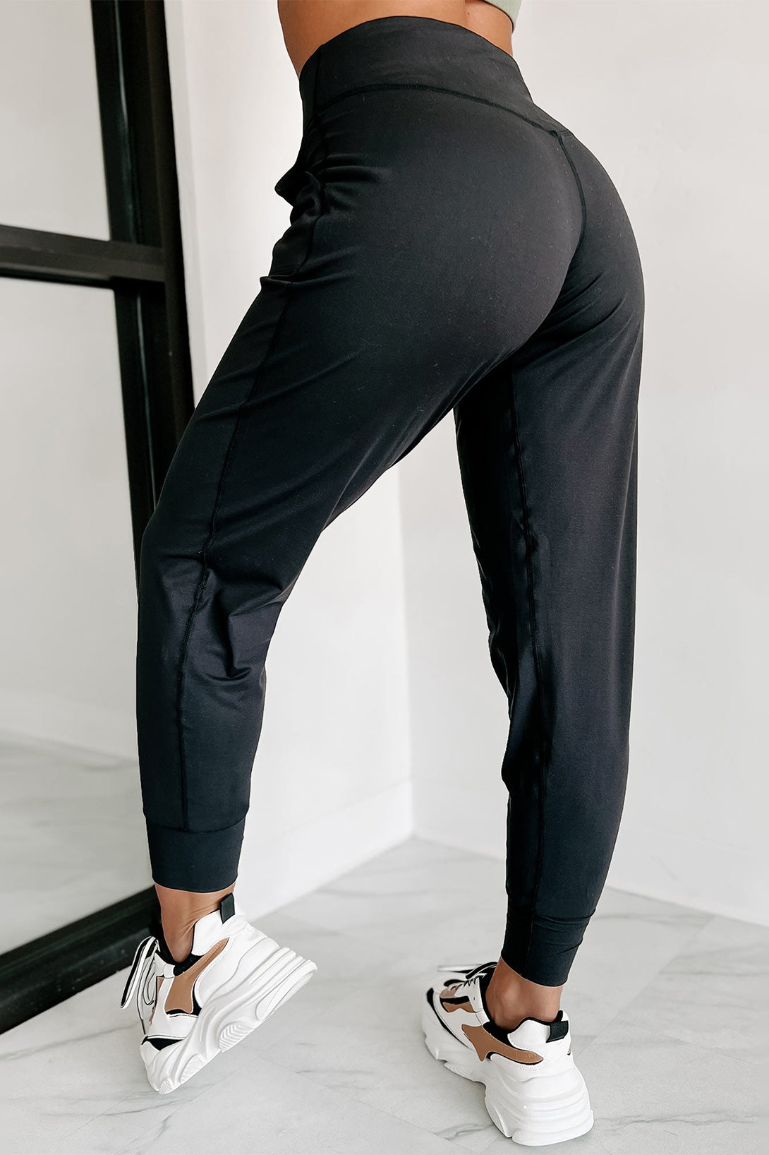 Side view Chic Black Exposed Seam High Waist Pocketed Women’s Joggers