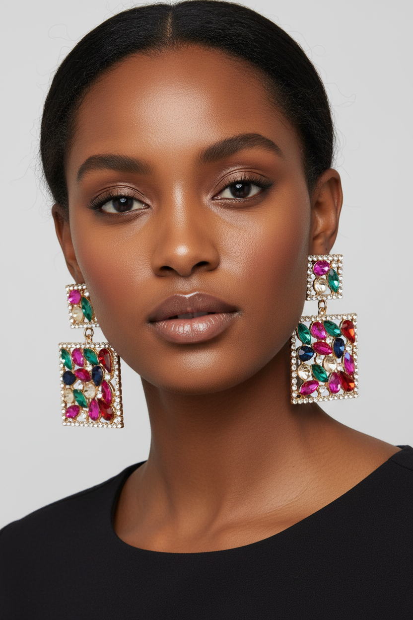 Model wearing multicolor Sparkling Square rhinestone Dangle Earrings