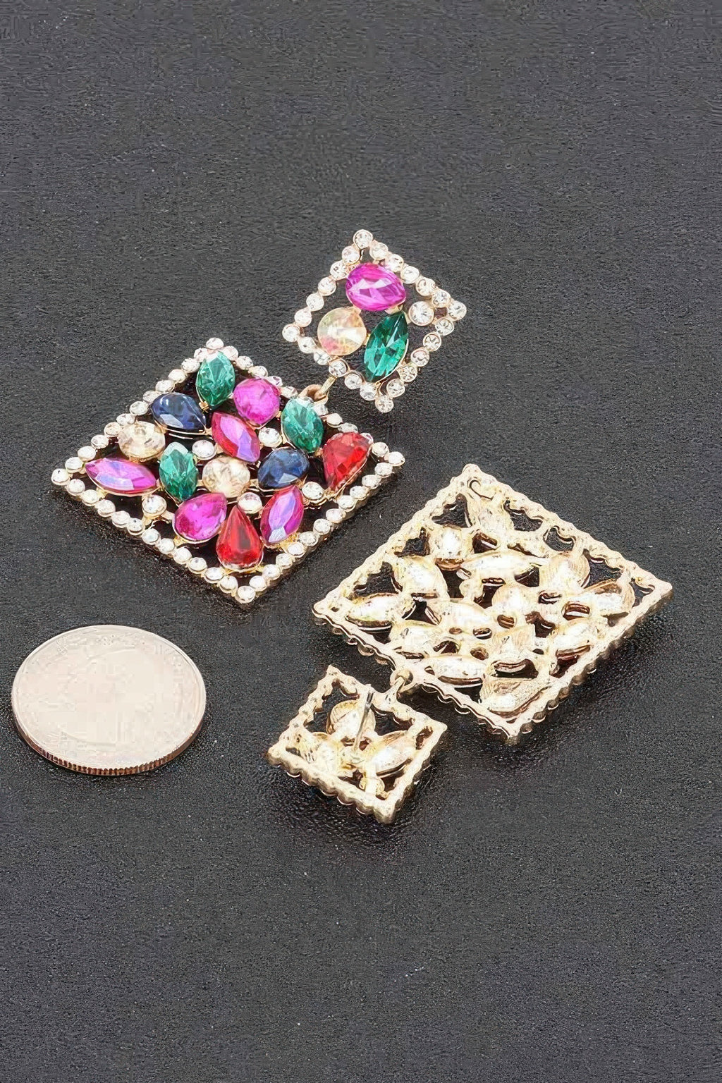 Sparkling multicolor rhinestone Square Dangle Earrings back