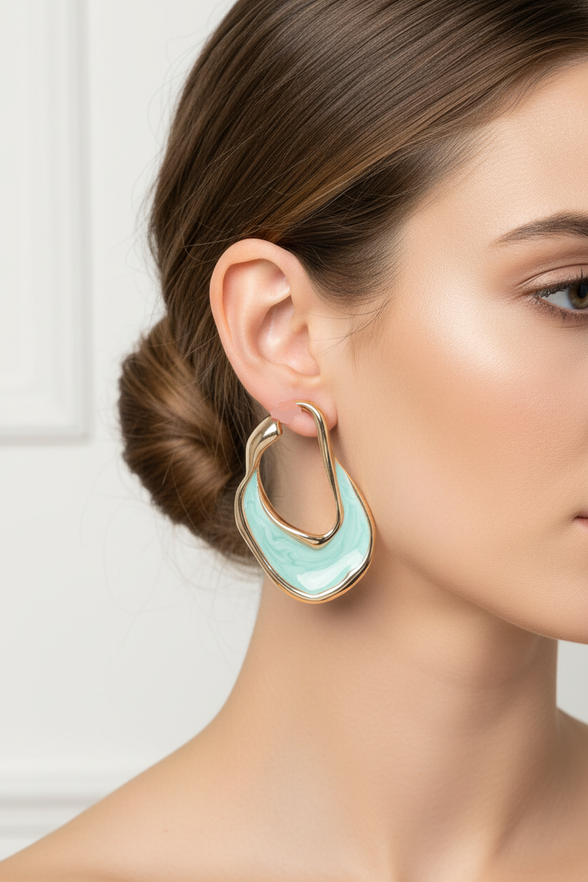 Woman model wearing gold mint Fluid Marble Art Earrings