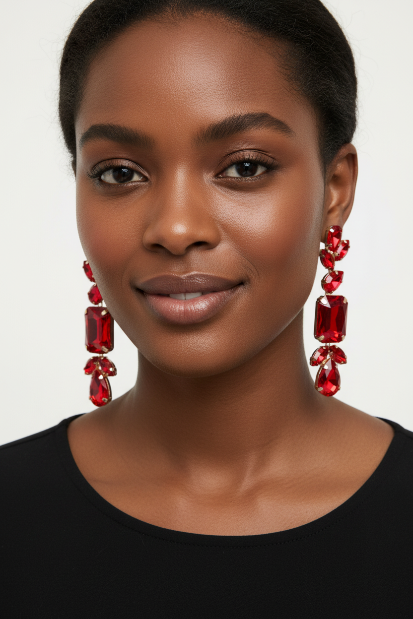Model wearing Elegant red Rhinestone Dangle Drop Earrings